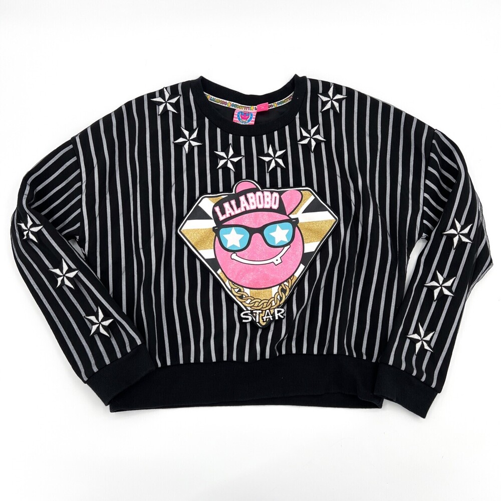 LaLaBoBo Sweater Womens Medium Black Striped Long Sleeve Pullover Crew Neck Embr
